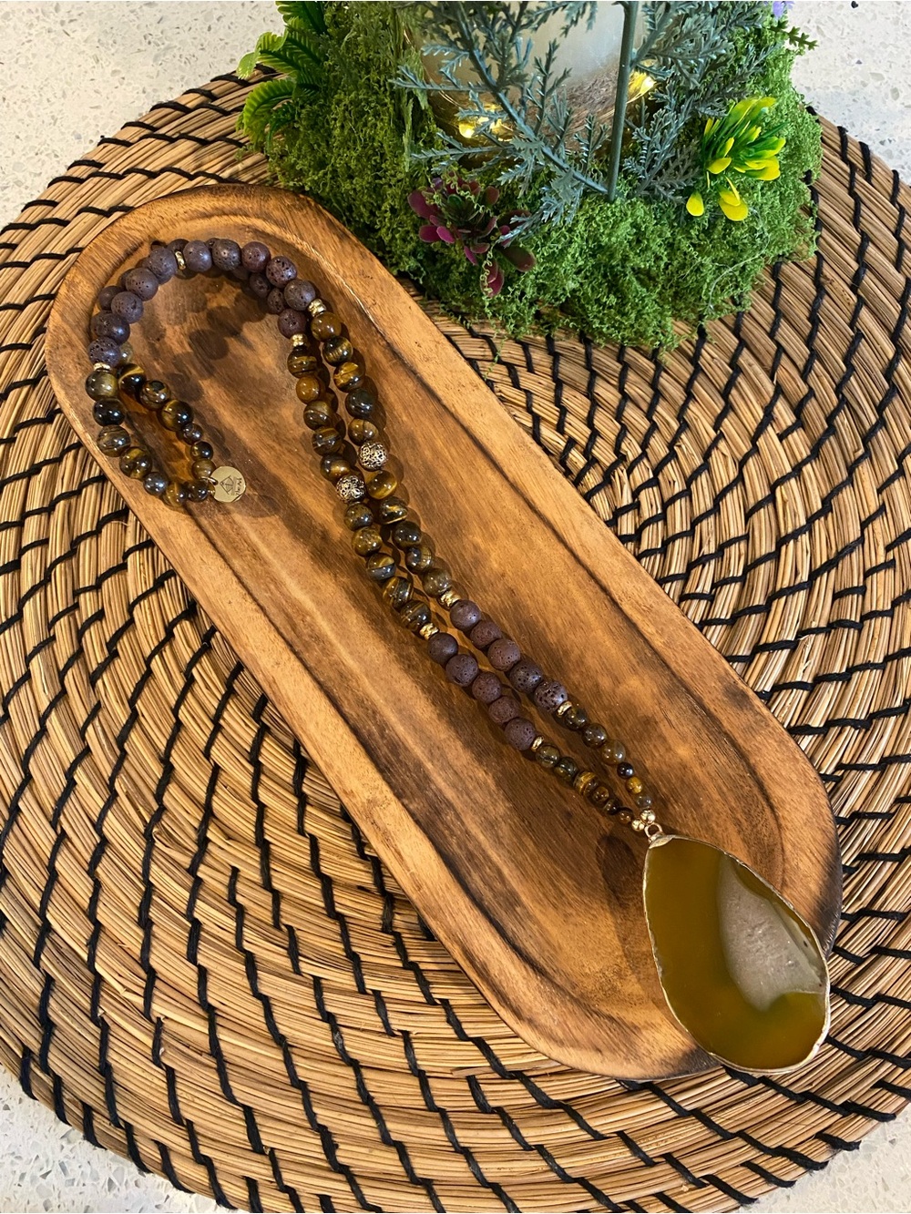 “The Ark Legacy” Handmate Brown Agate Pendant Necklace with Tiger eye and Lava
